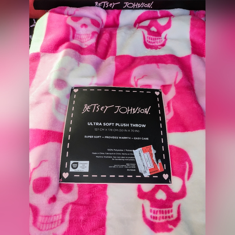 Betsey Johnson Pink and White Skull Blanket